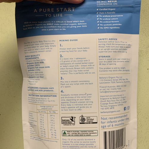 bellamy's organic milk and vanilla baby rice